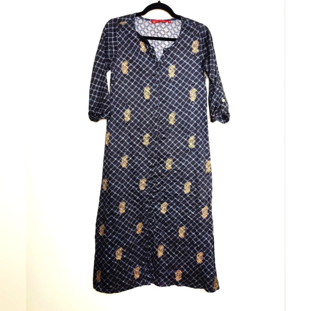 Avaasa Half Sleeve Indian Kurta Dress Front Split Tunic Top, Navy/Gold, Size S